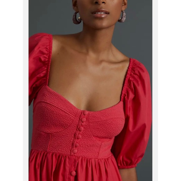 Maeve By Anthropologie Mini Dress Womens S‎ Pink Puff Sleeve Cotton Wedding - Picture 2 of 12